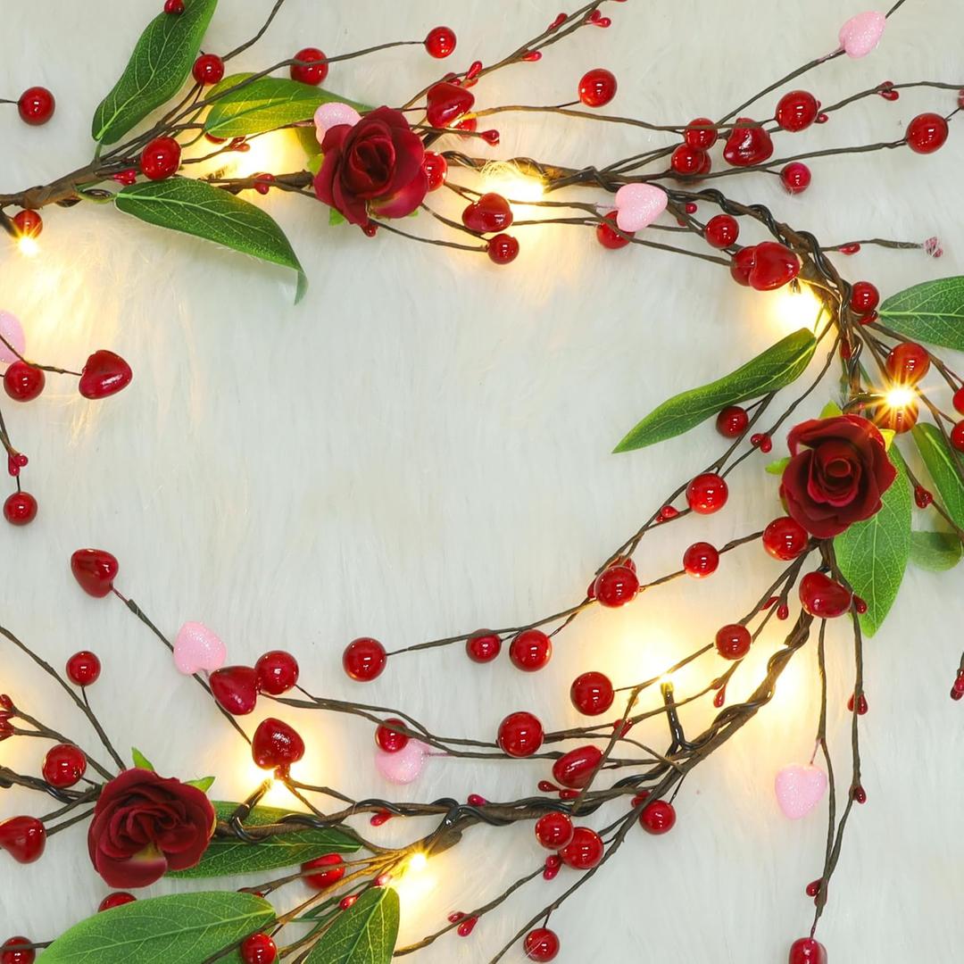 DR.DUDU Valentines Day 6 Ft Garland with Lights, Twig Garland with Pink Heart Roses and Berry Valentines Decor for Home Mantel