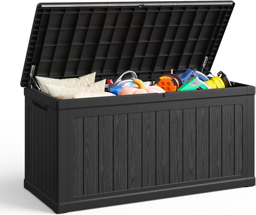 Lyromix 230 Gallon Outdoor Large Resin Storage Box, Waterproof Deck Box Lockable & UV-Resistant, Outside Cushion Storage for Patio Furniture, Garden Tools, Pool Accessories, Black