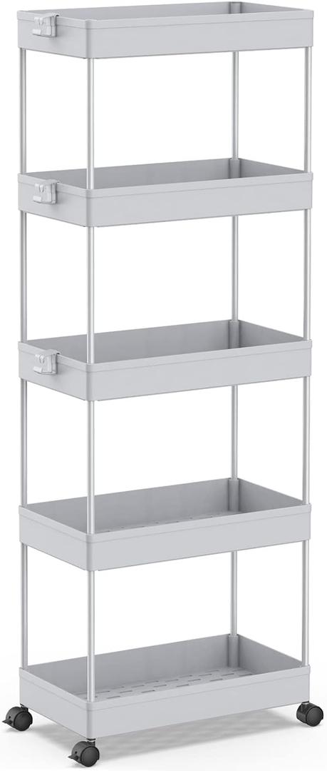 SPACEKEEPER 5-Tier Rolling Cart, Bathroom Storage Organizer Utility Cart, Mobile Shelving Unit Slide Out Shelves for Kitchen Living Room Laundry Room & Dressers,Gray
