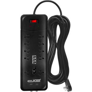 Digital Energy 10-Outlet Flat Plug 3500 Joules Heavy Duty Surge Protector Power Strip, 8 Foot Long Extension Cord, Two USB Charging Ports, Coaxial, Phone Protection, ETL Listed, 15 AMP, 8 FT, Black