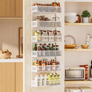 6-Tier Over The Door Pantry Organizer with Mesh Baskets, Adjustable & Stable Hanging Spice Rack for Kitchen, Bathroom, Bedroom, and Baby Essentials Storage (6tiers-White-Metal)