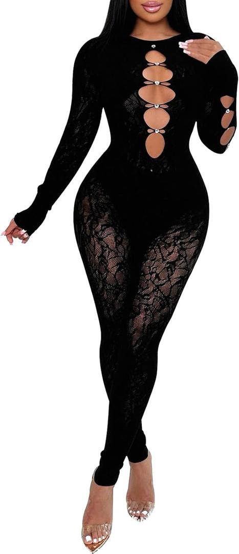 Womens Sexy Lace Mesh Jumpsuit Rhinestone Hollow Long Sleeve One Piece Bodysuit Club Party Outfits (Black) L/XL
