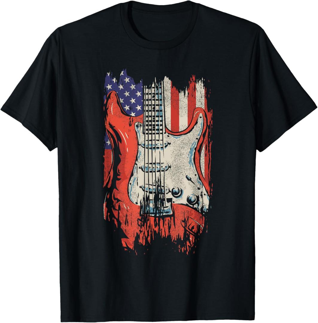 American Flag Guitar 4th of July Guitarist USA Country Music T-Shirt (L, Black)