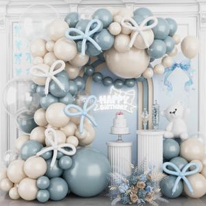 Dusty Baby Blue Balloon Arch Garland Kit,Ivory White Retro Blue Bow Balloons Garland Kit Long Balloon as Bow Decor for Boy Baby Bridal Shower Birthday Wedding Party Decorations
