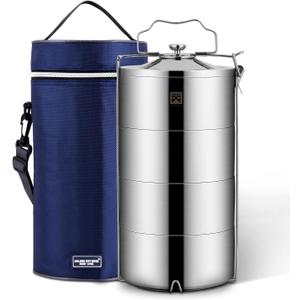 GOLDEN KEY Stainless Steel Stackable Lunch Box for Adult, Huge Capacity Bento Box with Stackable 4 Tier Insulated Food Container, and Lunch Bag (120 Ounces 4-Layers Bento)