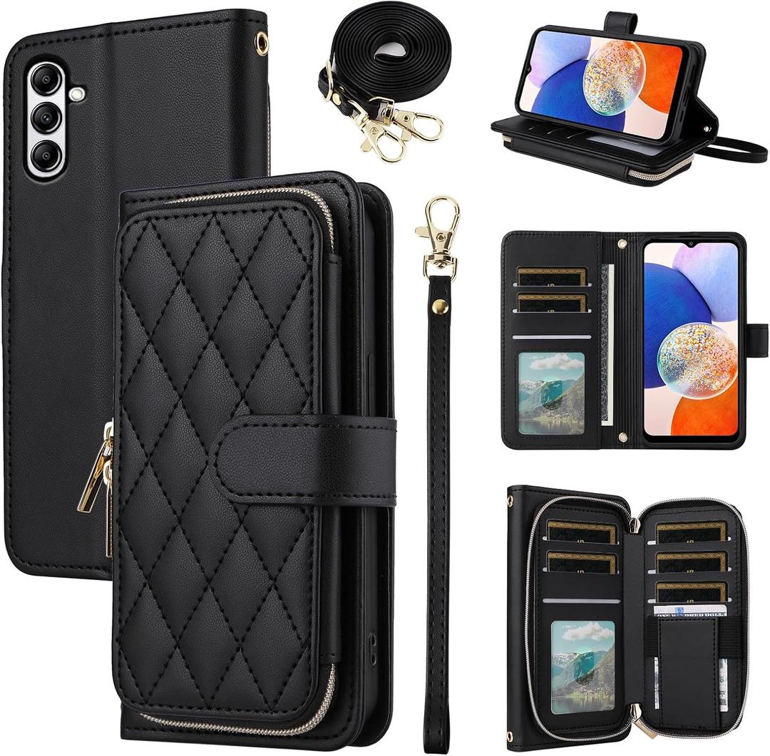 Argyle Wallet Case for Samsung Galaxy A35 5G with Wrist Strap Shoulder Strap, 9+ Card Slots Zipper Purse Luxury PU Leather Stand Checkered Phone Cover for A 35 35A A355G Women Girls Black