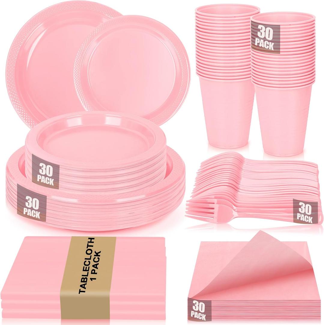 Pink Plastic Plates for Party,30 Guest Disposable Plastic Plates Set 9" Plates,7" Dessert Plate,Napkins,Cups,Forks & Tablecloth for Birthday Wedding Baby Shower,Girlfriends Tea Party