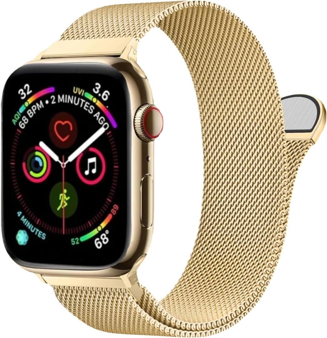 Stainless Steel Mesh Loop for Apple Watch Band 38mm 40mm 41mm 42mm(Series 10), Magnetic Clasp Replacement Bands for iWatch Ultra Series 9 8 SE 7 6 5 4 Women & Men (gold)
