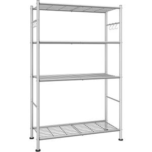 Sakugi Storage Shelves - 4-Tier Spacious Shelf Organizer with Hooks & Leveling Feet, Easy to Assemble, Rust-Resistant Garage Shelving for Kitchen, Pantry, Bedroom, 33.2" x 12.7" x 57.3", Sliver
