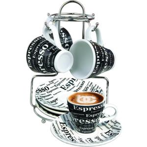 Bene Casa - Ceramic 9 Piece Espresso Set Including Metal Stand - 4 Espresso Cups (3oz) and 4 Saucers - Stain Resistant Glaze