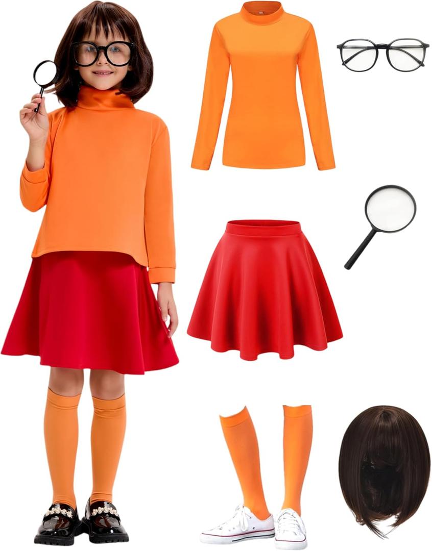 Halloween Costume for Girls - Deluxe Red Skirt Set with Wig, Magnifier Glasses, Socks & Accessories, XL(11-12Years)
