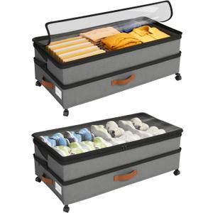 Expandable Under Bed Storage with Wheels 2 Pack  Large Under Bed and Closet Storage - Expandable Storage Bins with Lid & Dividers, Low Profile Storage Solution for Clothes, Shoes Great for Dorm Rooms