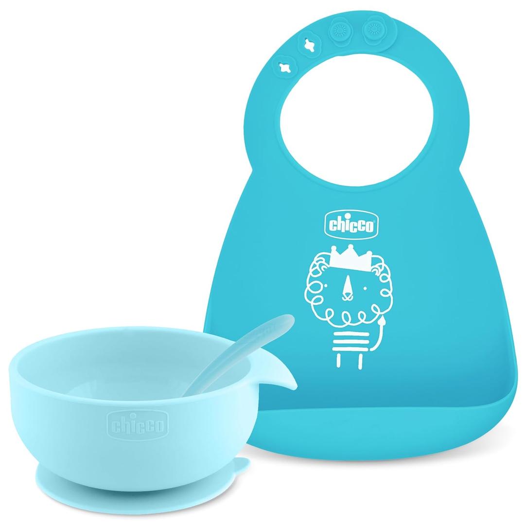 Chicco Easy Start Silicone Feeding Set | Dishes for Baby-Led Weaning | Suction Bowl | Adjustable Silicone Bib | Soft Silicone Spoon | BPA-Free | 3 Piece Set | 6m+ | Teal