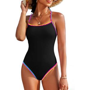 Jolefille Womens One Piece Swimsuit Tummy Control Modest Bathing Suit Teen Girls Swim Suit Cute Floral Swimwear (Large, Black Bathing Suits)