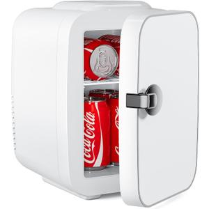 DUMOS Portable Mini Fridge, 4L/6 Can Cooler & Warmer 110V AC/ 12V DC Thermoelectric Compact Small Refrigerator for Skincare, Beverage and Food Retro Cooler for Car, Bedroom, Dorm, Office, White