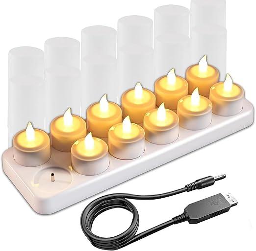 EuroFone 12PCS Tea Lights Candles,Rechargeable Tea Lights Flameless Candles, Flameless Small Candles with Charging Base for Room Restaurant Lantern Wedding Christmas Decorations