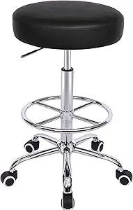 VECELO Round Rolling Stool with Footrest and Wheels, Easy Assembly PU Leather Height Adjustable Drafting Swivel Chair for Spa Salon, Office, Medical, Beauty, Bar, Lab, Black