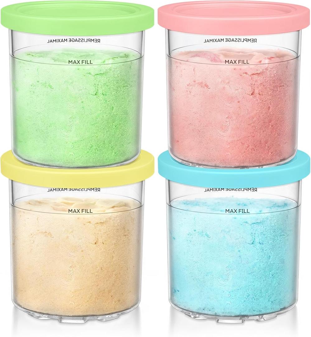 FIRJOY Replacement Pints and Lids 16 oz. Containers, Compatible with Ninja Creami NC301 NC300 NC299AMZ Series (4 Pack - Green, Pink, Yellow, Blue)