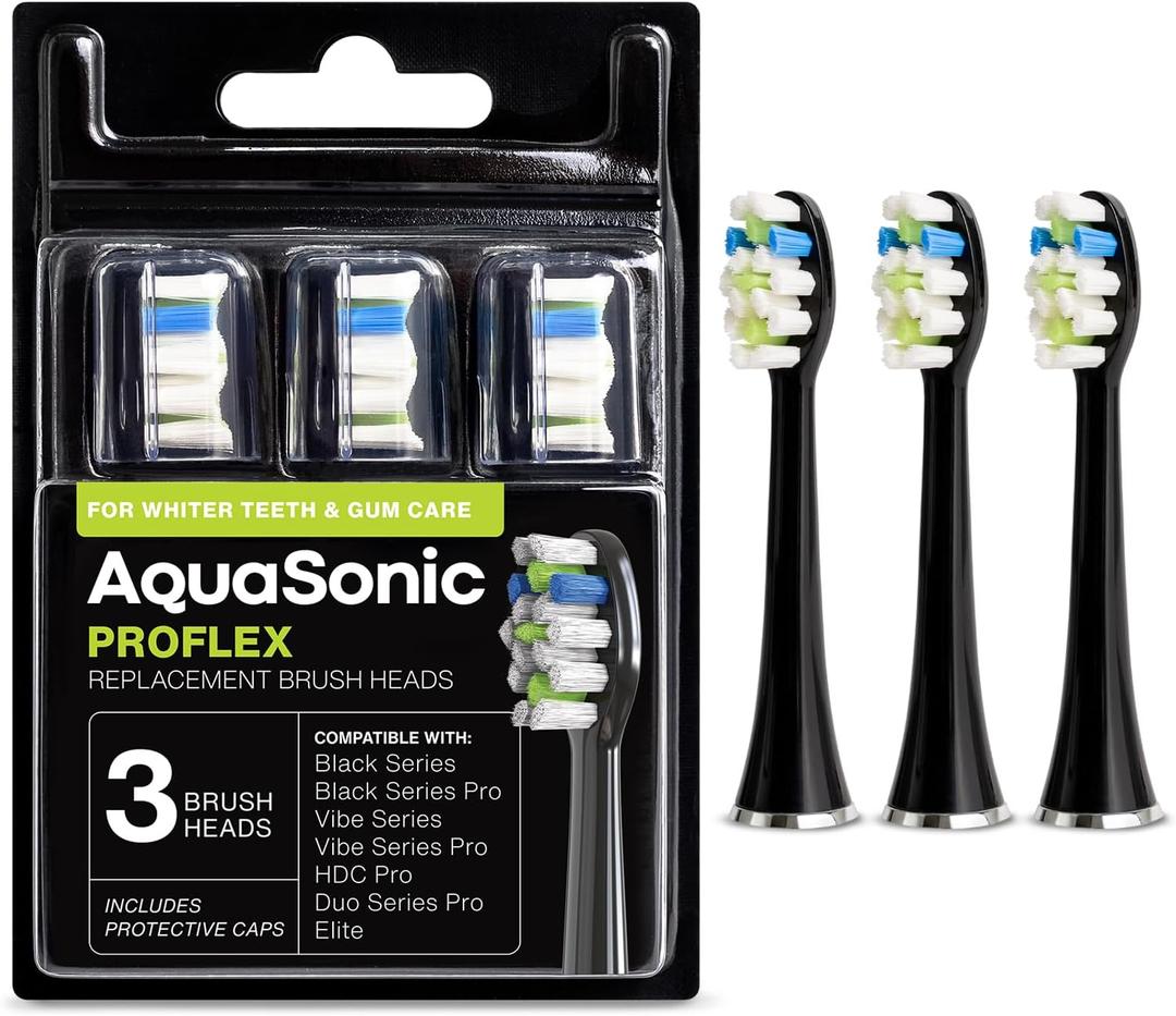 AquaSonic Genuine Proflex Replacement Brush Heads | ADA Accepted | for Whiter Teeth & Gum Care | Compatible with Many AquaSonic Toothbrush Handles (3 Pack Black)