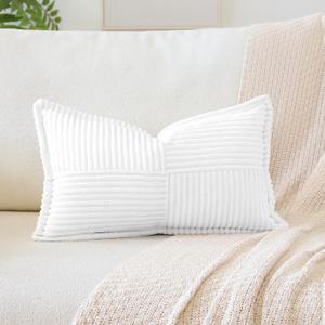 OTOSTAR Striped Corduroy Throw Pillow Covers with Splicing Super Soft Boho Pillow Covers Broadside Decorative Textured Throw Pillows for Couch Sofa Bed Living Room 12x20 Inch, White