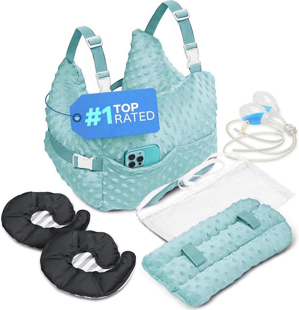 Zomaple Mastectomy Recovery Pillow + Strap, Seat Belt Cover & Shower Lanyard  Post-Op Essentials, Breast Augmentation/Reduction & Mastectomy Recovery Supplies  Washable Cover for Comfort & Support (Aqua Breast Care Set)