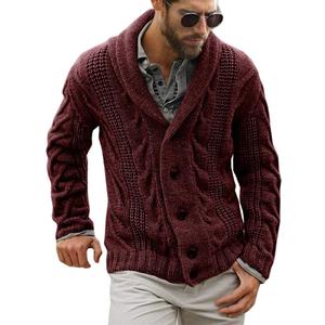 Mens Shawl Collar Cardigan Sweater Cable Knit Button Chunky Long Sleeve Winter Fisherman Casual Cardigans (Medium, Wine Red)
