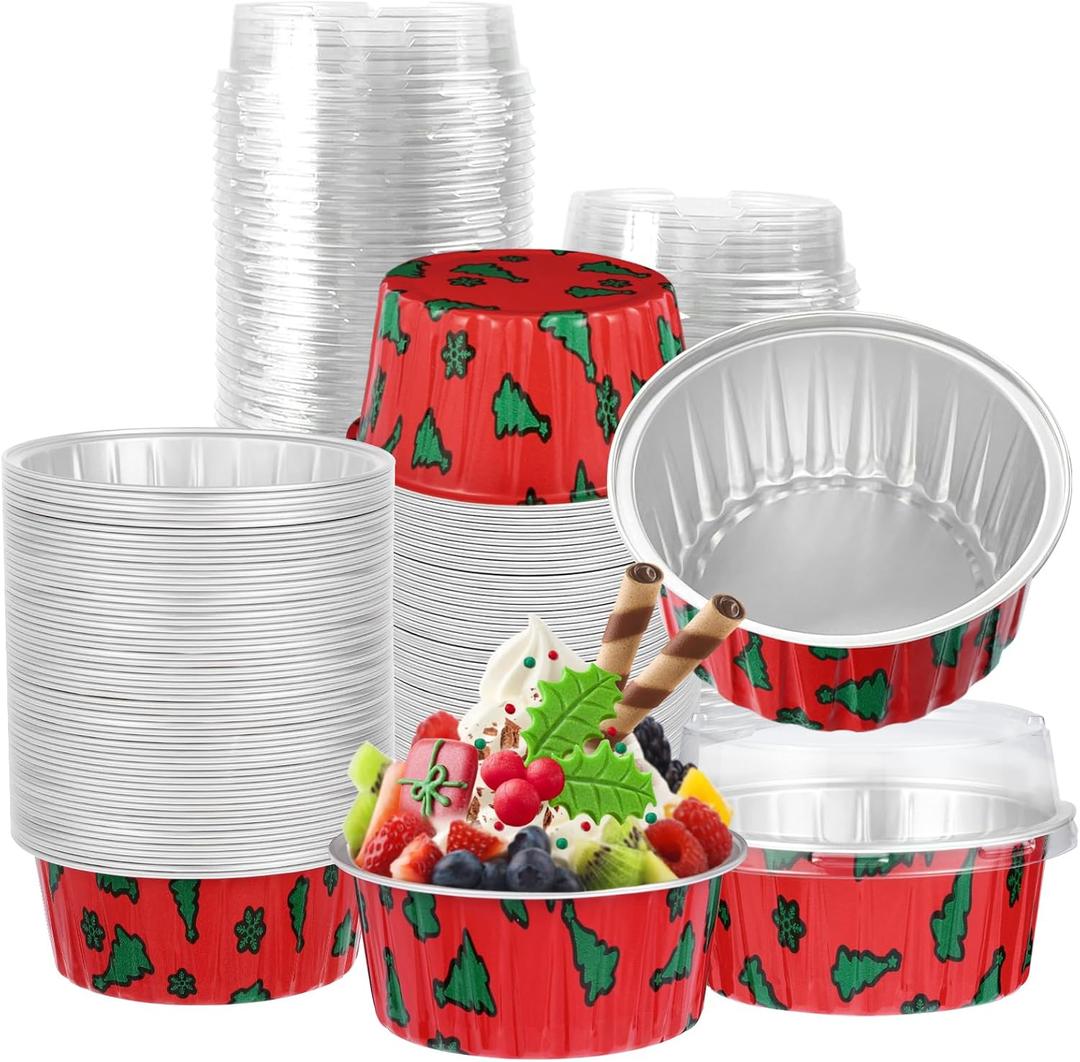 100Pcs Christmas Aluminum Cups with Lids,5oz Disposable Ramekin Baking Cups Muffin Liners Mini Pie Pans Foil Cupcake Containers for Christmas Party,Style B