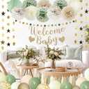 Amandir Baby Shower Decorations Sage Green Balloons Welcome Baby Banner, Cake Topper, Paper Lanterns, Pom Poms Flowers Tassels, Circle Dots Star Garland, Neutral Gender Reveal Birthday Party Supplies