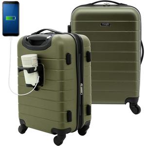 Wrangler Smart Luggage Set with Cup Holder and USB Port, Olive Green, 20-Inch Carry-On