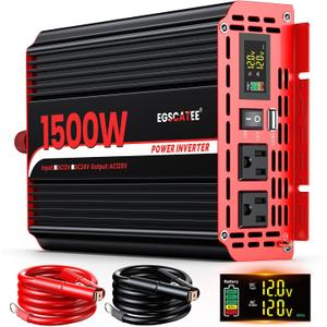 1500W Power Inverter 12V DC to 110V/120V AC Converter, Peak Power 3000W Car Inverter with LCD Display, 2 AC Outlets, 3.1A USB Port for Vehicles, Camping, Travel, Emergency Use (Red)