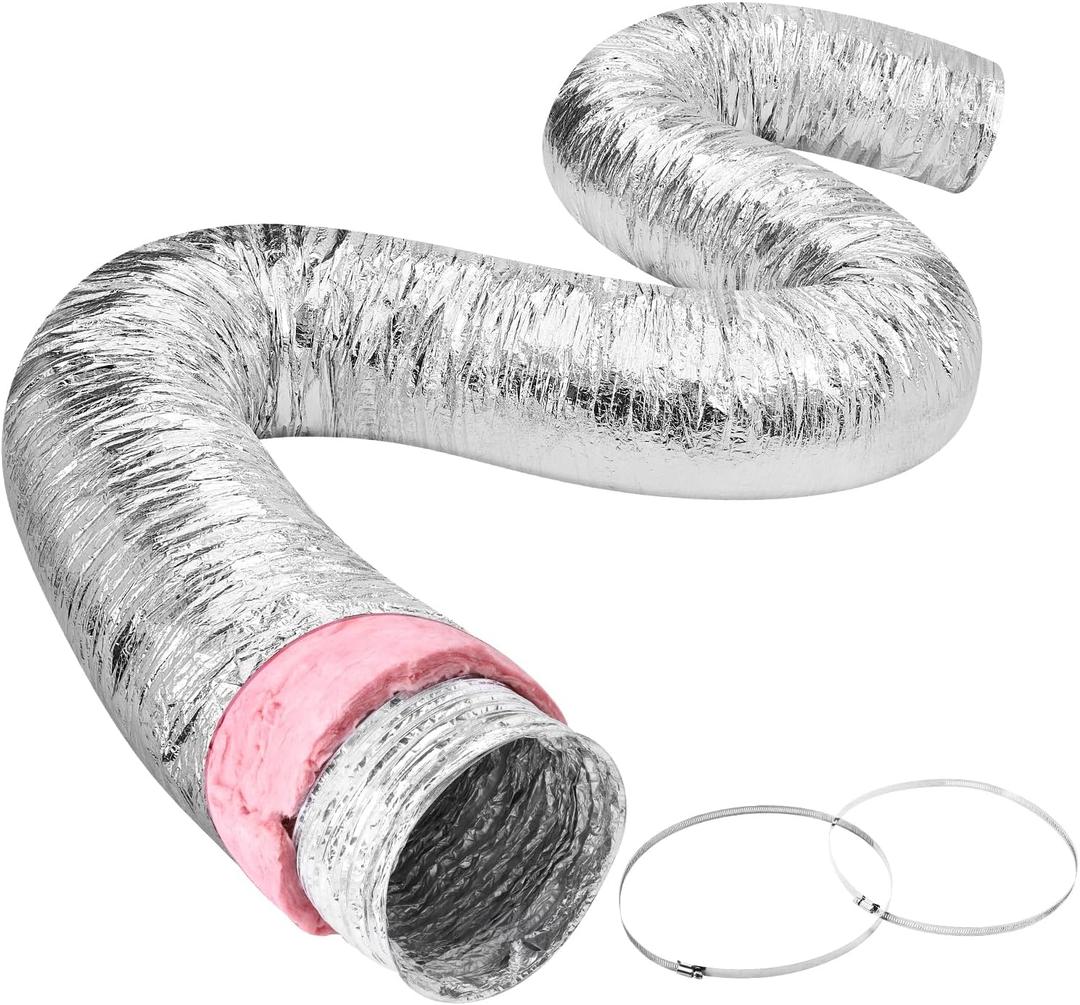 VEVOR 8 Inch Insulated Flexible Duct R-6.025 Feet Long with 2 Duct Clamps, Heavy-Duty Three Layer Protection Air Ducting Hose for HVAC Heating Cooling Ventilation and Exhaust Ductwork Insulation