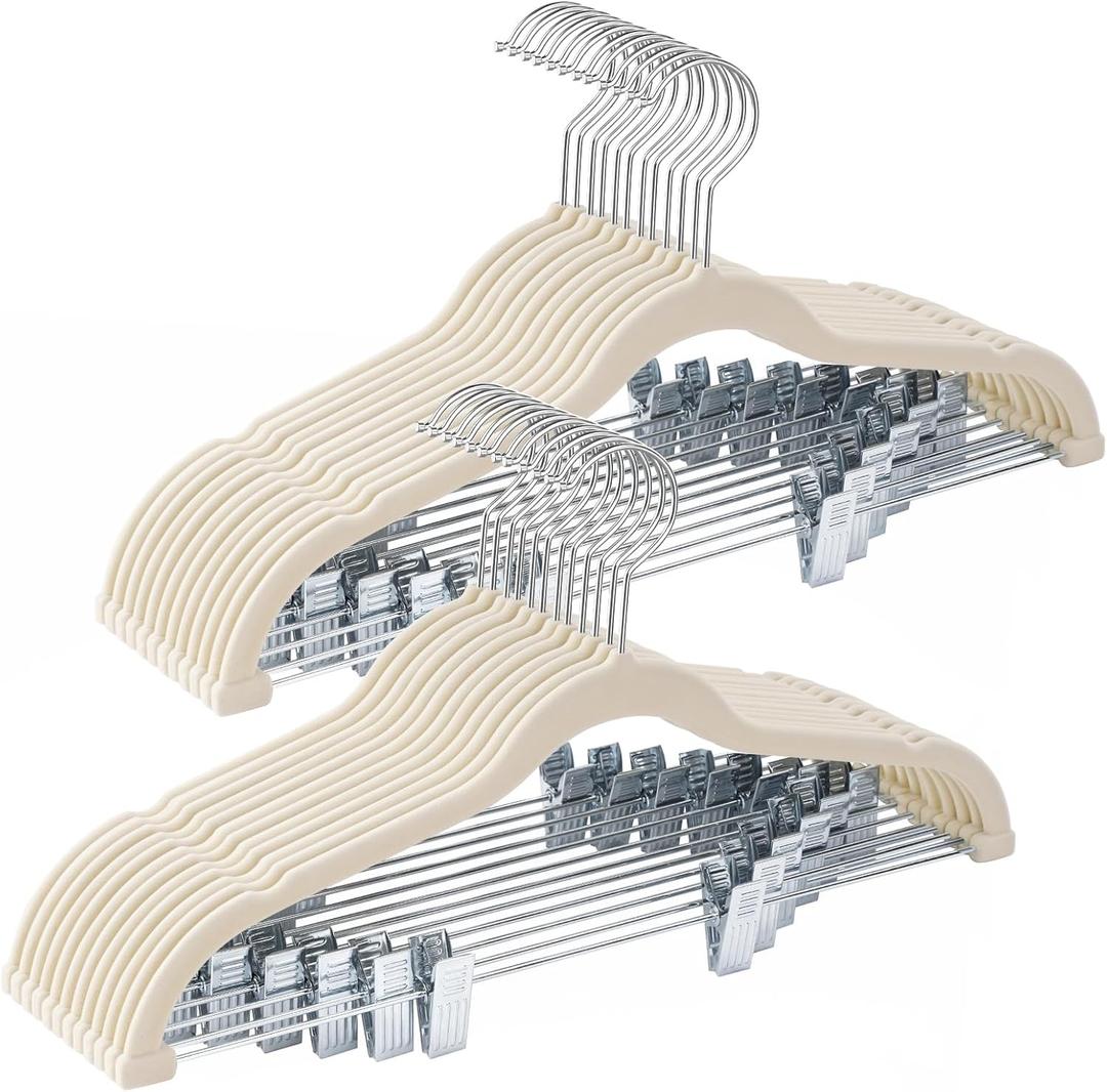 24-Pack Beige Velvet Hangers with Clips Adjustable,Adult Hangers,Heavy-Duty,Felt,Non-Slip,Space Saving,Slim Outfit Hanger for Pants, Skirts, Suits,Coats, Dresses ect.