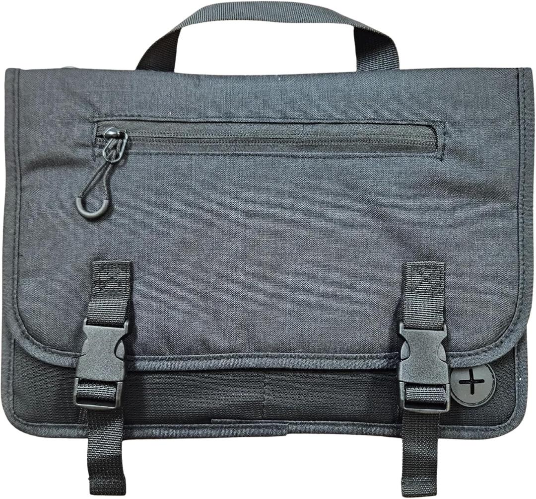 Upgraded Portable Airplane Seat Back Pocket Organizer and Storage | Shoulder Strap and Buckle Closure | Avoid Unsanitary Public Pockets | Fits Roller Bag Handle, Tablets, Headphones, Etc (Black)