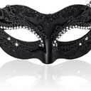BCARICH 2025 New Masquerade Mask for Women, Metal Filigree Venetian Mask with Sparkle Rhinestone for Mardi Gras (Black)