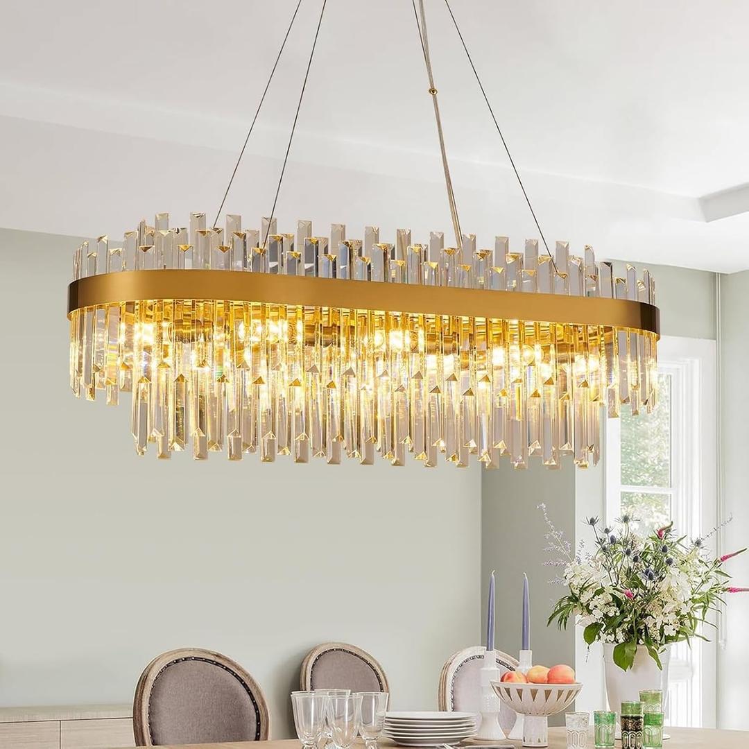 35.4" Brushed Gold Rectangular Crystal Chandelier for Dining Room, Brushed Gold 35.4" Oval
