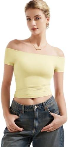 SUUKSESS Women Double Lined Off The Shoulder Tops Fitted Going Out Basic Shirts, Size M