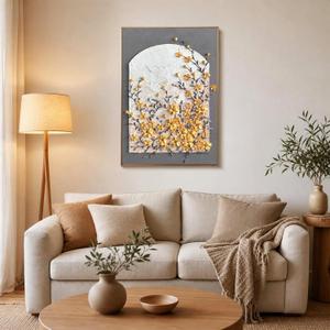 3D Textured Boho Floral Wall Art for Hallway,Hand Pained Yellow Flower Oil Painting Decor for Living Room,Metal Framed Artwork for Kitchen Ready to Hang 28x40inches