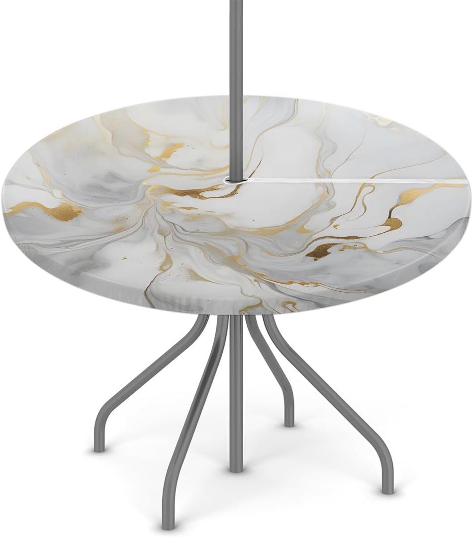 Fitted Round Tablecloth with Umbrella Hole and Zipper Marble Liquid Texture Outdoor Elastic Table Cloth 36"-44" Oil-Proof Waterproof White Gold Marble Patio Table Cover for Party Outdoor