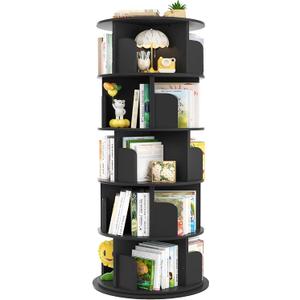 Aheaplus Rotating Bookshelf, 360 Display Wood Spinning Bookshelf Tower, 5 Tier Floor Standing Bookcase Storage Rack, Revolving Bookcase Corner Bookshelf for Small Space, Bedroom, Study Room, Black