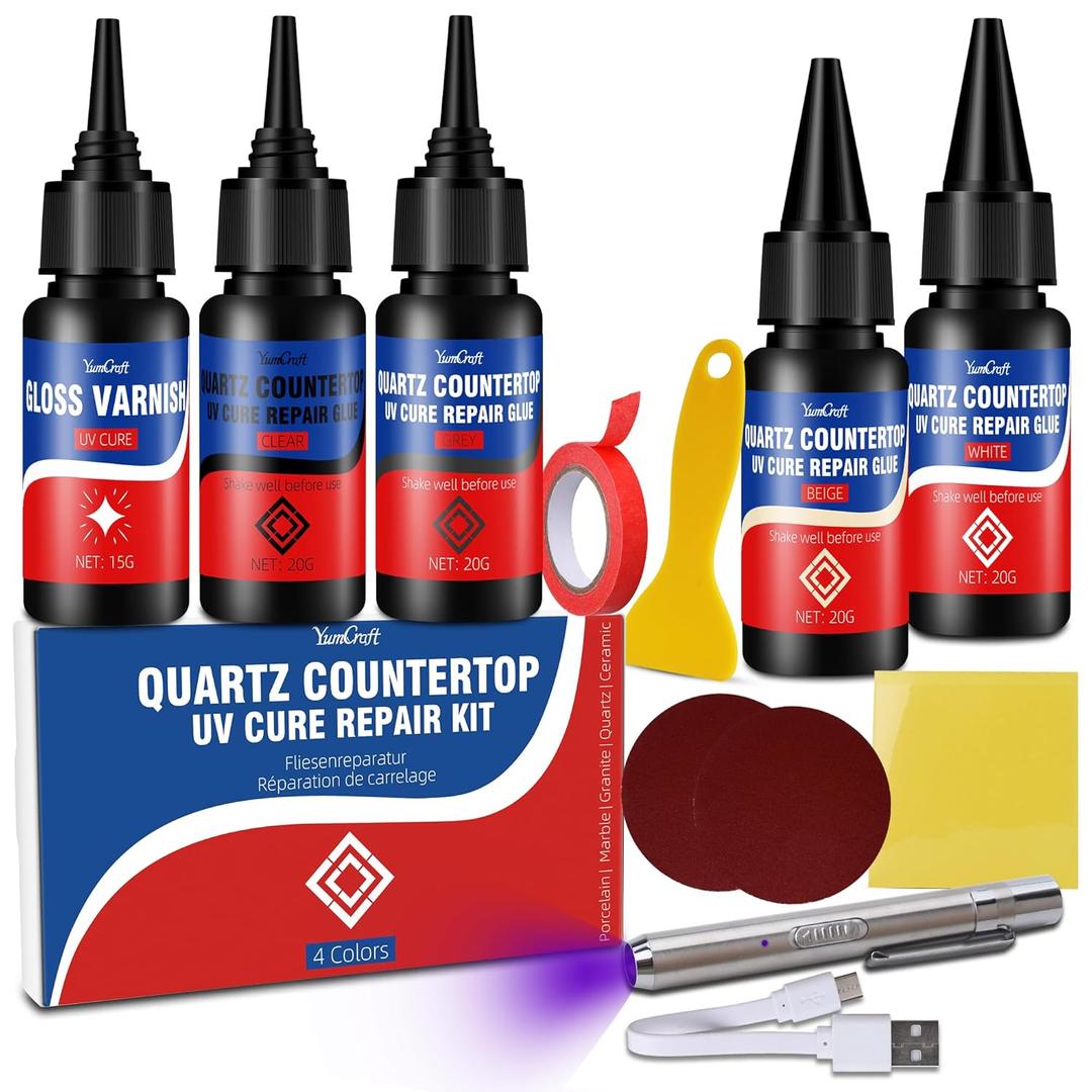 Quartz Countertop Repair Kit [30s UV Light Cure], 4 Colors(White, Gray, Beige, Clear) Professional Stone Chip Repair for Granite, Marble, Sink & Tile, Fast DIY Fix for Chips, Nicks, Cracks & Scratches