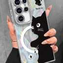 Toycamp for Samsung Galaxy S24 Ultra Case - Compatible with Magsafe Aesthetic Cute Holographic Galaxy S24 Ultra Case with Diamond Bling Lens Protector Cover for Women Girls, Black White Cat