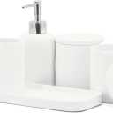 ZCCZ - White Bathroom Accessories Set 6 Pcs - Toothbrush Holder, Lotion Soap Dispenser, 2 Qtip Holder Dispenser, Vanity Tray, Bathroom Tumbler - Decorative Countertop Vanity Organizer