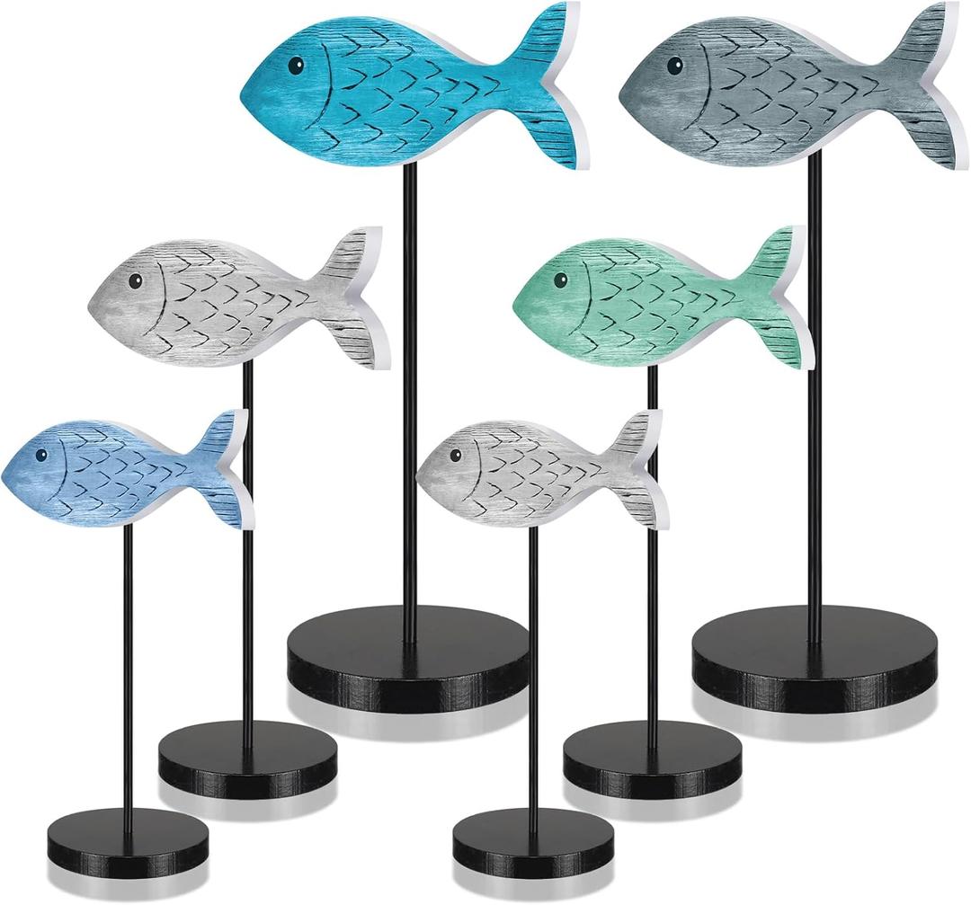 Geetery 6 Pcs Wooden Fish Table Decor Summer Ocean Tabletop Centerpiece Sea Animal Standing Sign Rustic Wood Fish Home Decor Coastal Beach Figurines Block for House Office