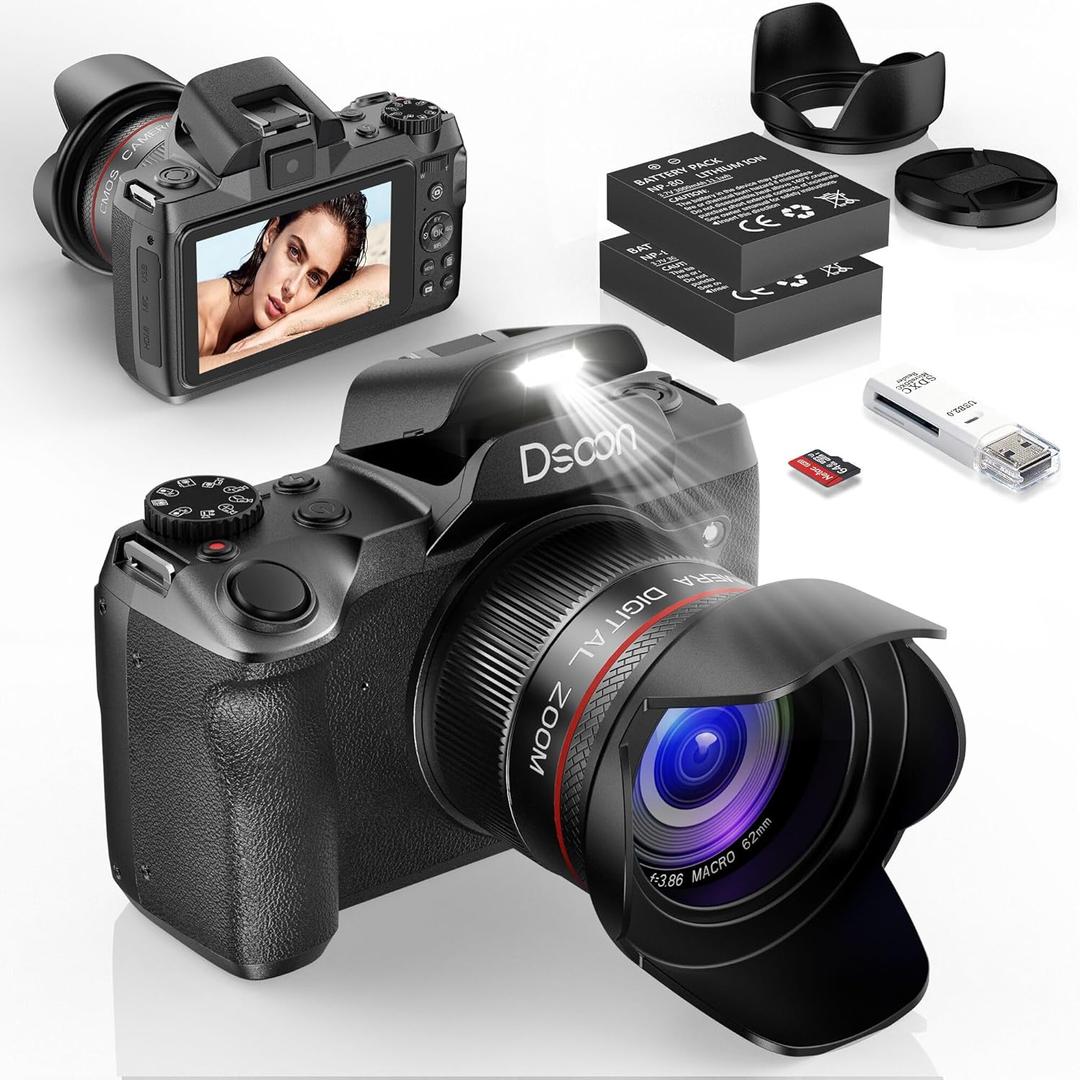 Dsoon Digital Camera,4K 64MP Cameras for Photography with 4”0 Touch Screen,18X Digital Zoom Autofocus Photography Shoot Camera with Dual-Lens,2 Batteries,64GB TF Card, Lens Hood