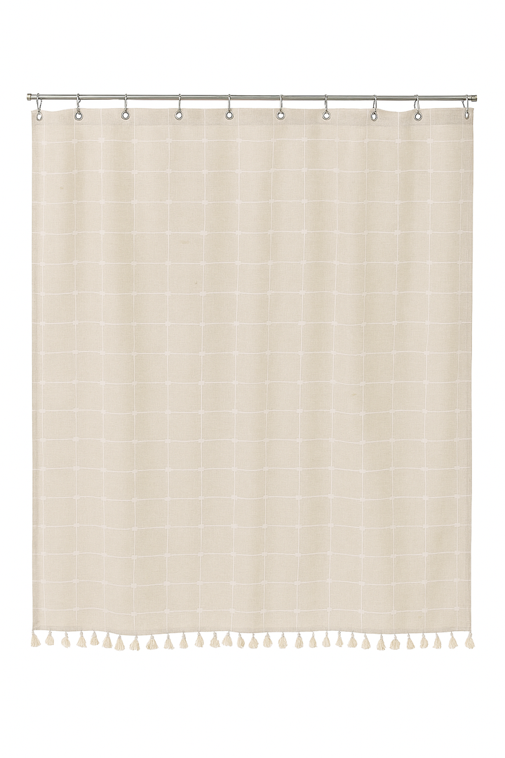 72"x72" Beige Grid Shower Curtain with Tassel Trim – Boho Chic Bathroom Decor