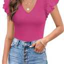 MISSJOY Womens V Neck Ruffle Short Sleeve Ribbed Slimming Basic Bodysuit Leotards Tops Blouses,Pink, Size L