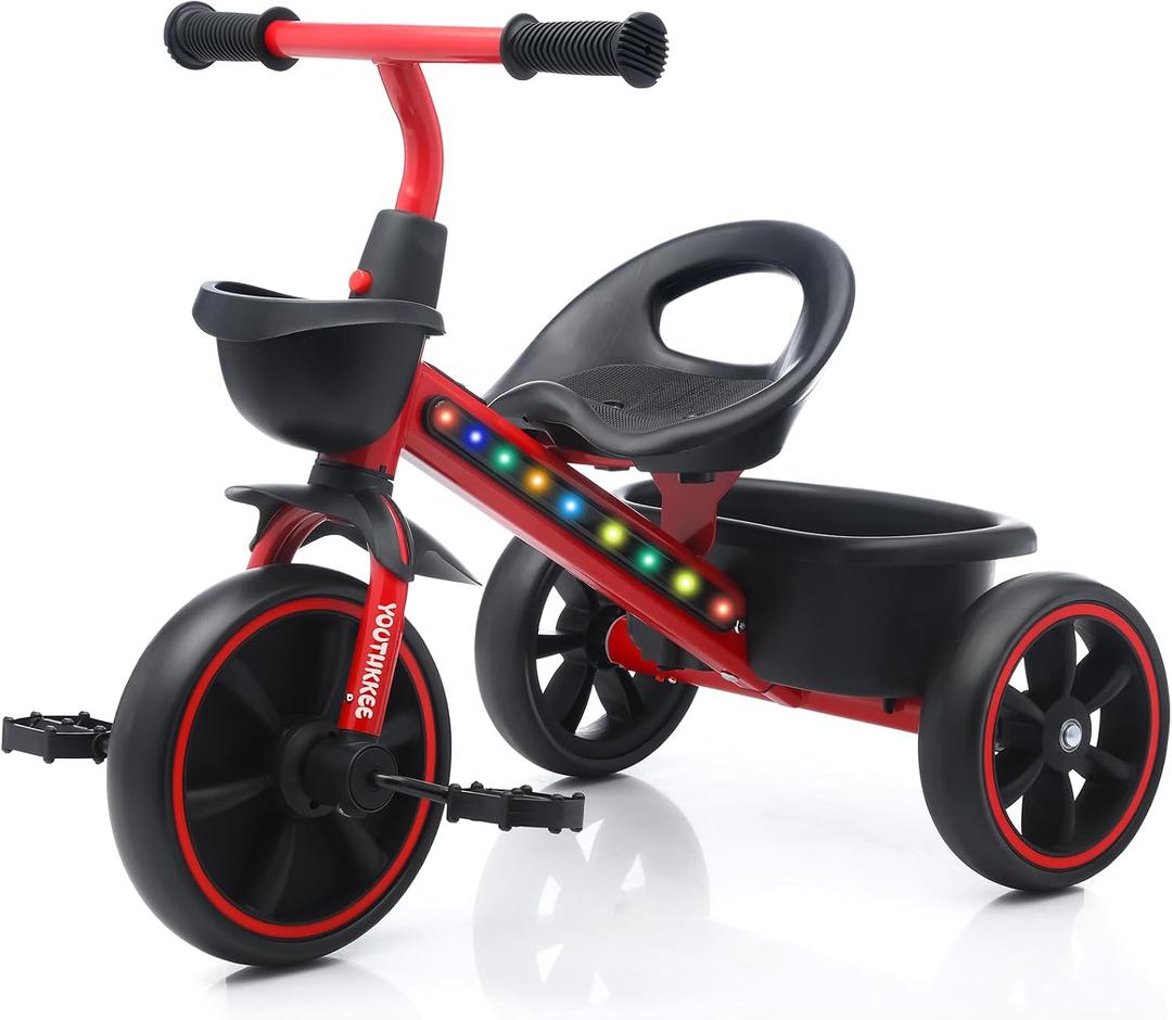 Kids Tricycle with Colorful LED Lights for Toddlers 1-3 Years, Stable 3-Wheel Design & Storage Basket for Fun Indoor Outdoor Ride, Gift for Baby Boy Girl
