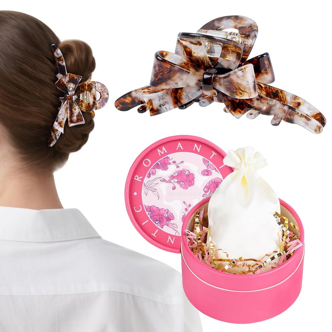 TOCESS Cellulose Acetate Claw Clip: 4.13 Inch Large Jaw Clips with Bow Design for Thin/Long/Curly Hair Women - Nonslip Strong Hold Amber Tortoise Shell Pattern for Daily Wear and Gift Set