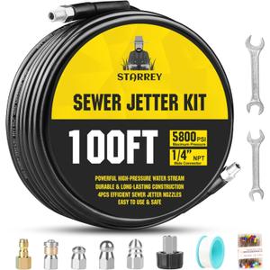 Pressure Washer Drain Jetter  Sewer Jetter Kit for Pressure Washer 100ft 1/4 Inch NPT Hose Nozzles and Adapter 5800PSI Clears Clogs in Pipes & Sewer Lines