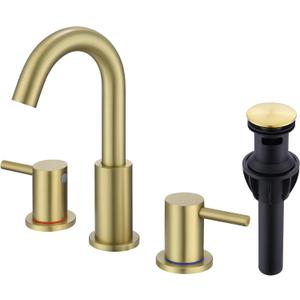 Brushed Gold Bathroom Faucet 3 Hole, 8 in Gold Widespread Bathroom Sink Faucet with Pop Up Drain and Supply Lines, Stainless Steel 2 Handle Gold Sink Faucet for Bathroom Vanity